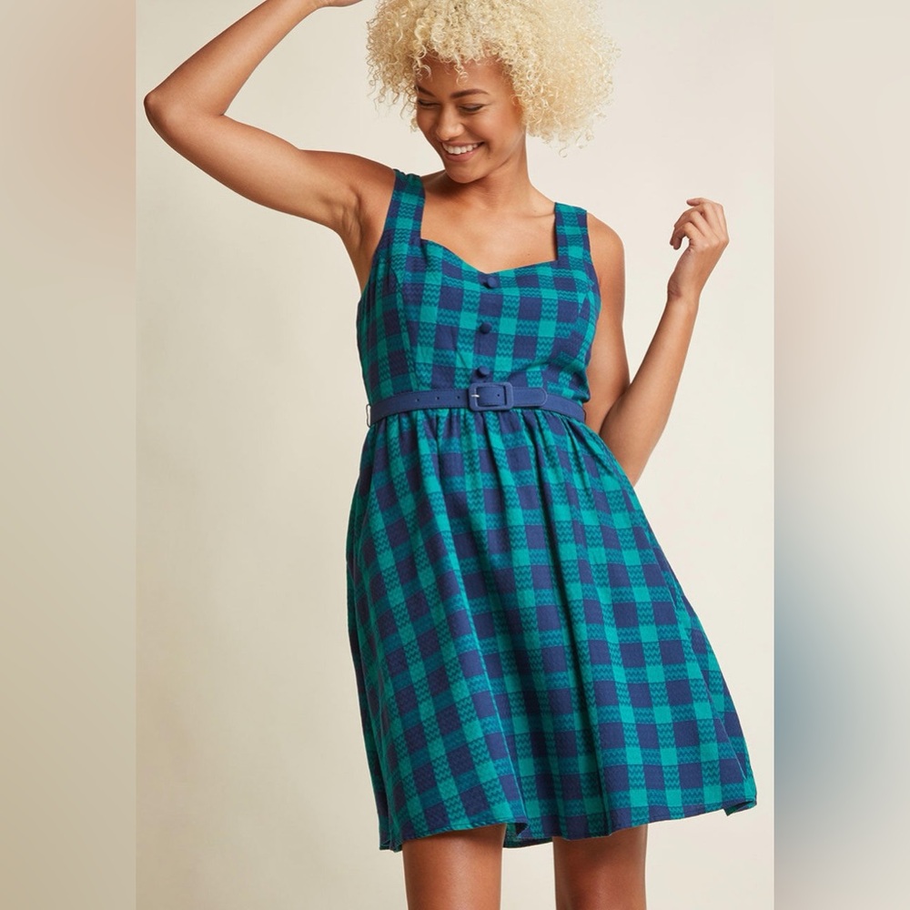 ModCloth Green and Navy Checkered Belt Dress- Size XL